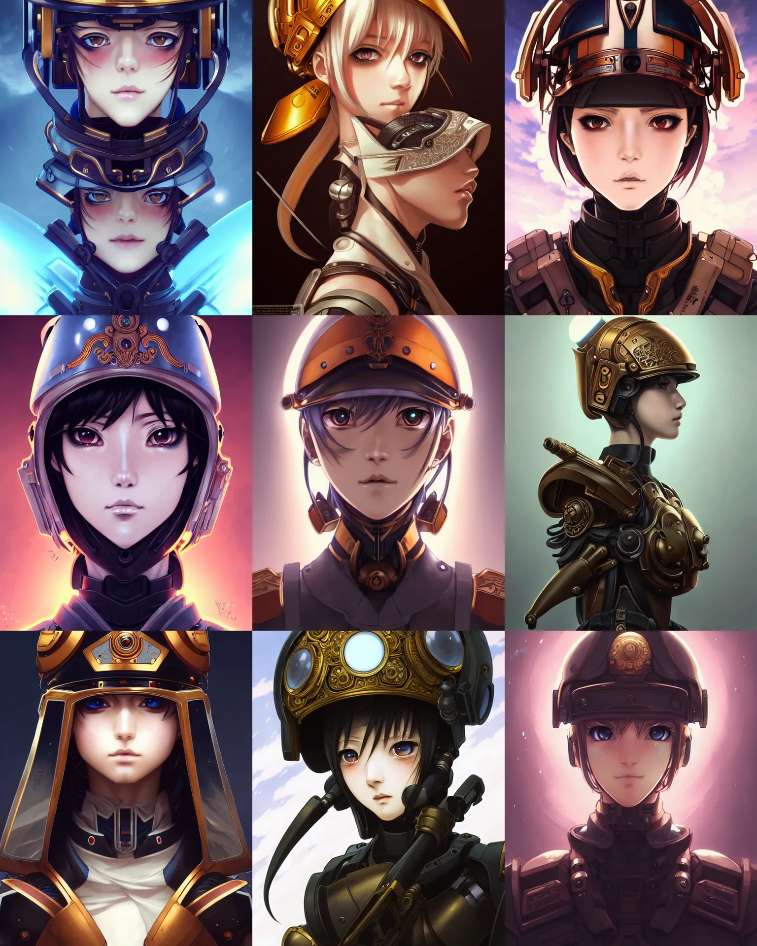 Prompt: symmetry!!!!!! beautiful anime soldier girl close portrait, sci - fi, rusty, wearing ornate rusty helmet, ultra detailed, elegant, intricate, anime, dynamic lighting, dnd, glowing lights, digital art, digital painting, artstation, wlop, sharp focus, illustration, art by artgerm and greg rutkowski and alphonse mucha, 8 k