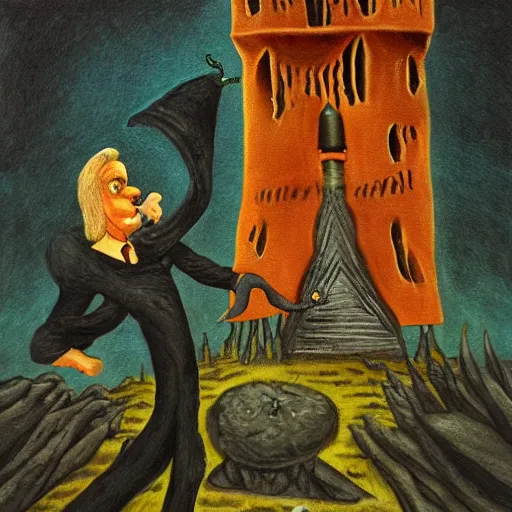 Image similar to the weird Wizard and his quest to topple the wicked tower, surrealist landscape painting