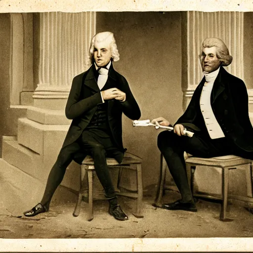 Image similar to old photograph of alexander hamllton and thomas jefferson smoking a blunt