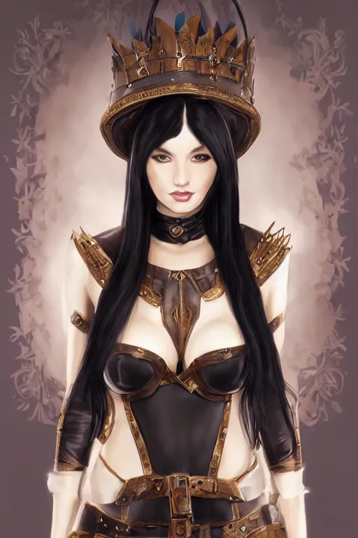 Image similar to young elf queen with long black hair, full body portrait, gorgeous, seductive, realistic, leather armor, leather gloves, digital art, high detail, lively, art by sakimi chan