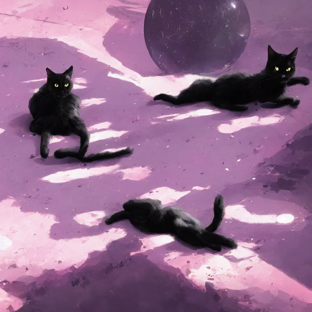 Image similar to black cat laying on a shiny bed on pink planet, concept art, by greg rutkowski