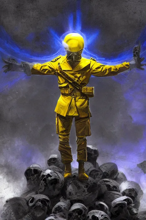 Prompt: A distant front view shot of a soldier with blue and yellow uniform while he is standing on a huge pile of skulls in triumph after the battle, head is up, modern helmet, flag in his right hand, dark atmosphere, bright rays of light, beams of light, intricate, volumetric lighting, volumetric lights, highly detailed, smooth, artstation, digital illustration by Ruan Jia and Mandy Jurgens and Artgerm and Wayne Barlowe and Greg Rutkowski and Frank Frazetta