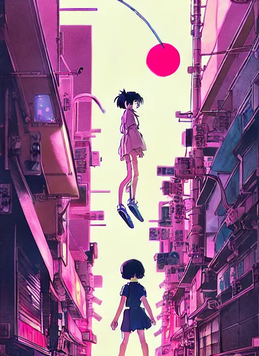 Image similar to a movie poster for a studio Ghibli film based on the song Yoshimi battles the pink robots, part 1. by the band the flaming lips; artwork by Hiyao Miyazaki and studio Ghibli; a Japanese girl is fighting a gigantic evil Pink Robot in an alley in Tokyo; highly detailed artwork by James jean and Phil noto