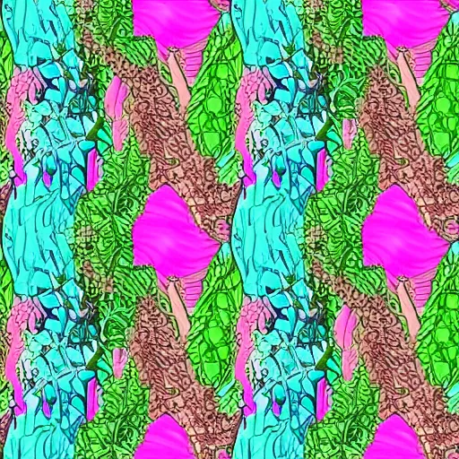 Image similar to pink and purple and turquoise crystals, green vines, forest trees, fantasy and floral