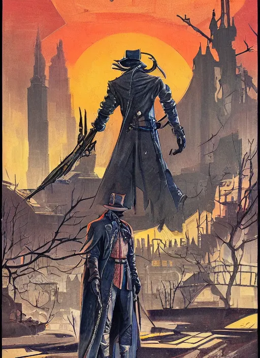 Prompt: a retrofuturism hunter from bloodborne in yharnam, style by retrofuturism, faded red and yelow, by malcolm smith, old comics in city, nicholas roerich