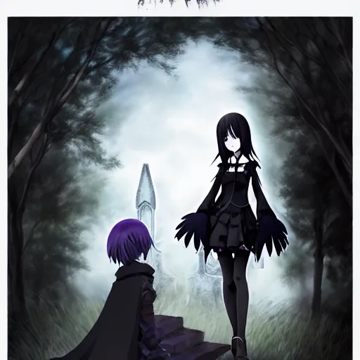 a gothic anime girl and her pet raven raven haunting, Stable Diffusion