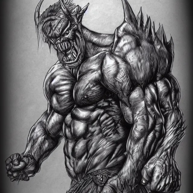 Prompt: detailed ballpoint pen illustration of a muscular gargoyle demon man, concept art, artstation