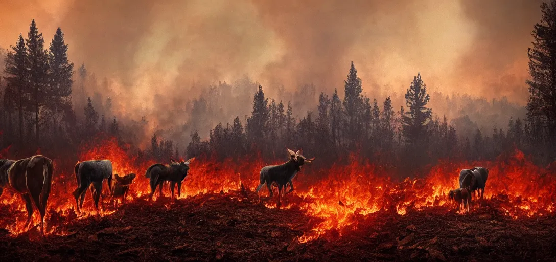 Image similar to full portrait of farm animals running from a forest fire, inferno, smoke, flames, dark, gloomy, horror, screaming, a small farm is burning in the distance, insanely detailed, photorealistic, cinematic, dramatic lighting,