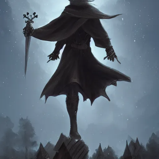 Prompt: wizard, dark, flying on the broom, front view, trees, snowing, artstation, digital art