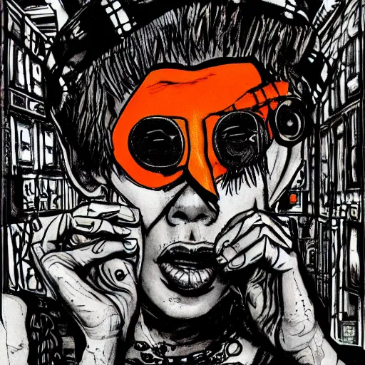 Prompt: punk album cover, black, white, orange, psychedelic, in the style of enki bilal, tank girl