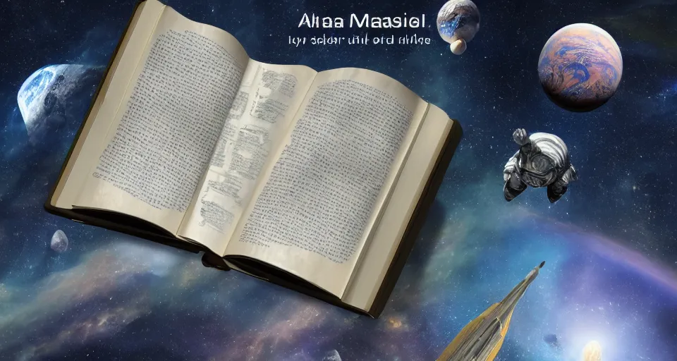 Image similar to a majestic and mystifying book about space travel, moleskin book, relic, knowledge, wisdom, secrets, travel guide, space tourism, hard cover book, adventure, hyper realistic, realistic, 8 k render, unreal engine 5 render