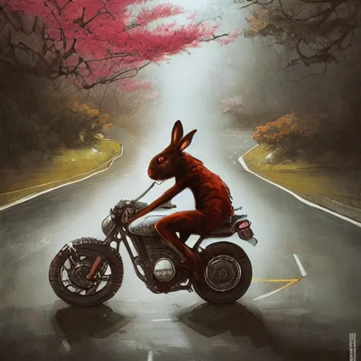 Image similar to bunny wearing a leather jacket riding a motorbike on a highway during sakura season on a blood moon, by peter mohrbacher, james jean, wlop, greg rutkowski, detailed - face!!!, rule of thirds, dynamic pose, action pose, beautiful landscape