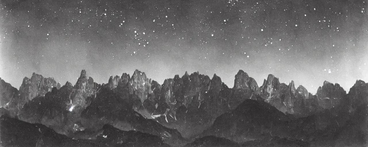 Image similar to 1920s photography historical photo of nightsky, but stars are circles, roots growing in the sky, in the dolomites