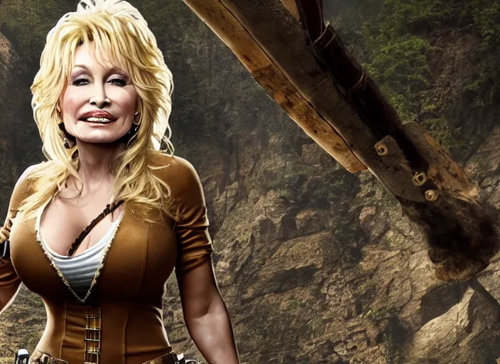 Image similar to film still of!!!! dolly parton!!! as lara croft in new tomb raider movie, 8 k