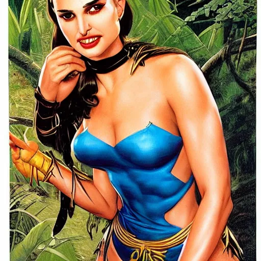 Image similar to Natalie Portman as a beautiful amazon sorceress, wearing tight fitting outfit, Frank Frazetta, Joe Jusko