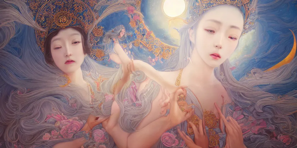 Image similar to breathtaking detailed concept art painting of the goddess of the universe, orthodox saint, with anxious, piercing eyes, ornate background, sun on left moon on right, by Hsiao-Ron Cheng, James jean, Miho Hirano, Hayao Miyazaki, extremely moody lighting, 8K