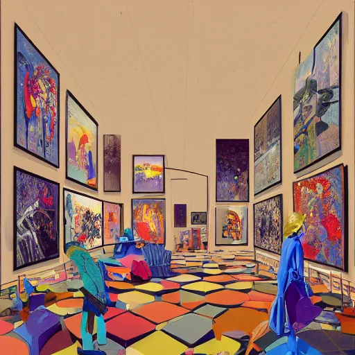 Prompt: digital illustration of modern art gallery, where there is a lot of paintings displayed from various artist, very fashion, displayed on the walls, by Victo Ngai and James Gilleard and Bruce Pennington