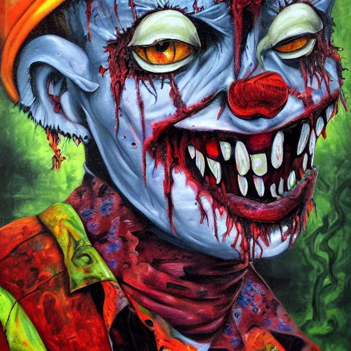 Prompt: zombie clown breaking through 4 th wall jungle painting, oil and acrylic on canvas, high detail