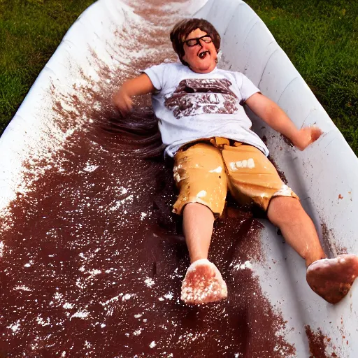 Image similar to adult sliding down chocolate pudding slip n slide head first, professional photo taken at the park