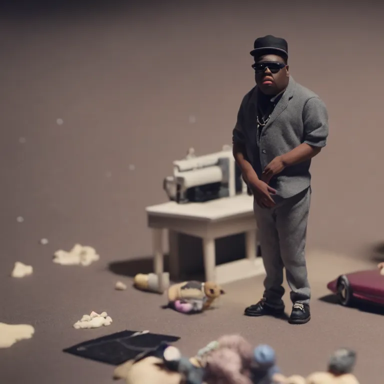 Image similar to a cinematic film still of a claymation stop motion film starring biggie smalls, shallow depth of field, 8 0 mm, f 1. 8