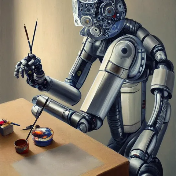 Prompt: robot artist painting a self - portrait on a canvas. intricate, highly detailed, photorealistic, film still, by greg rutkowski.