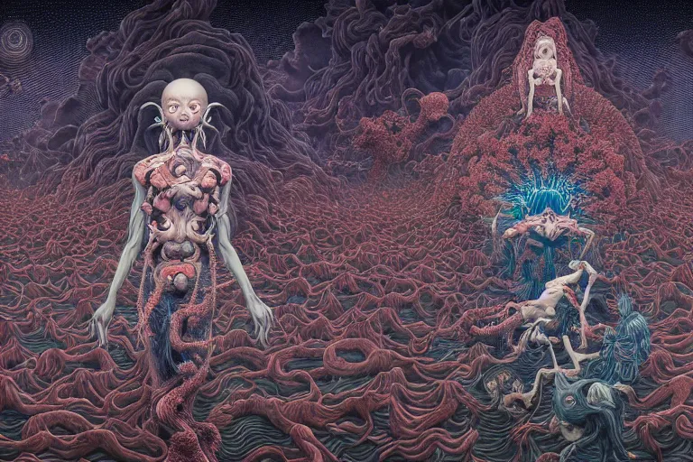 Image similar to realistic detailed image of the apocalypse, conjuring psychedelic background, part by takato yamamoto, part by alex gray, ross tran, james jean, ultra realistic, octane render, highly detailed, 8 k, trending on artstation, cosmic, symmetry, masterpiece