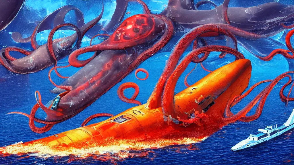 Image similar to nuclear submarine and giant squid, vivid colors, colorful, high dynamic range, hdr, artstation