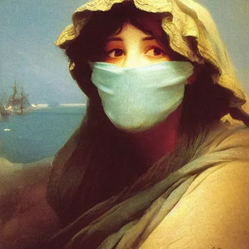 Prompt: a woman’s face, her eyes are covered with a flowing blue satin blindfold, by ivan aivazovsky and alma tadema and and willen claesz heda and aelbert cuyp