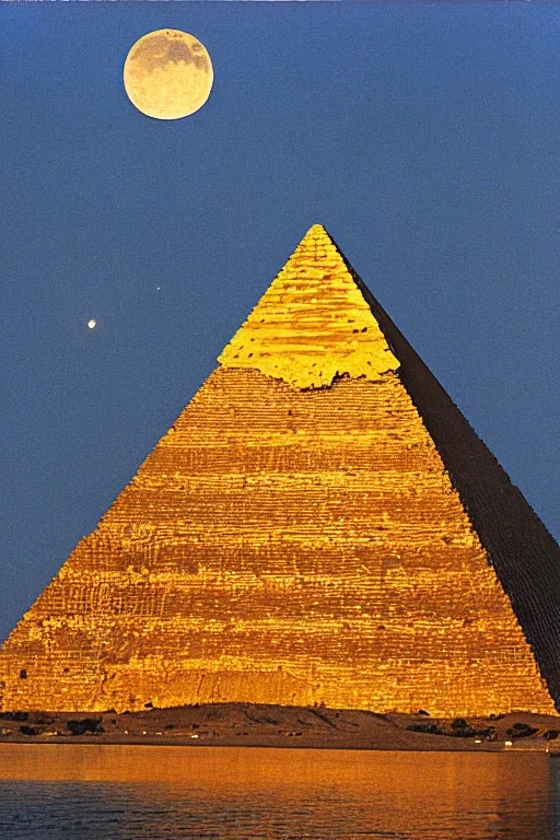 Prompt: a gold pyramid reflecting the moon, trogir golden hour 1 9 0 0 s photograph