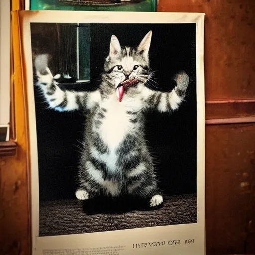 Prompt: a poster of a kitten eating at soho house in the style of damien hirst