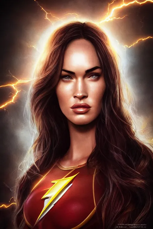 Image similar to majestic and regal portrait of megan fox female the flash, dc universe, perfect face, beautiful, intricate, epic, elegant, fantasy, highly detailed, digital painting, hard focus, beautiful volumetric lighting, epic light, ultra detailed, by leesha hannigan, ross tran, thierry doizon, kai carpenter, ignacio fernandez rios