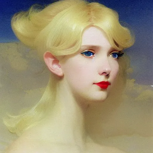 Image similar to young woman's face, her hair is white and she wears a cobalt blue duchesse satin cloak, by moebius and syd mead and roger dean and gaston bussiere and ivan aivazovsky and aelbert cuyp and willem claesz and pieter claesz and paul delaroche and alma tadema, hyperrealistic, volumetric light, octane