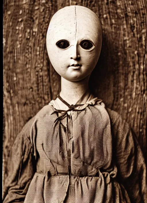 Prompt: realistic photo of a a medieval antique old wooden of a girl doll sculpture dressed white spherical hat helmet, covered in eyes pattern, greyscale grain 1 9 9 0, life magazine photo, natural colors, metropolitan museum, kodak