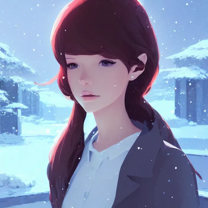 Image similar to portrait of a beautiful girl, snow landscape background, ambient lighting, dynamic lighting, 4 k, hq, official media, anime key visual, makoto shinkai, ilya kuvshinov, lois van baarle, rossdraws, detailed, trending on artstation