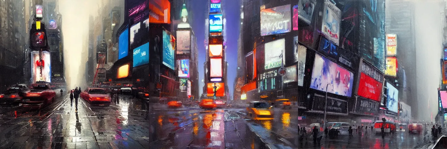 Prompt: Oil painting of wet times square, Greg Rutkowski