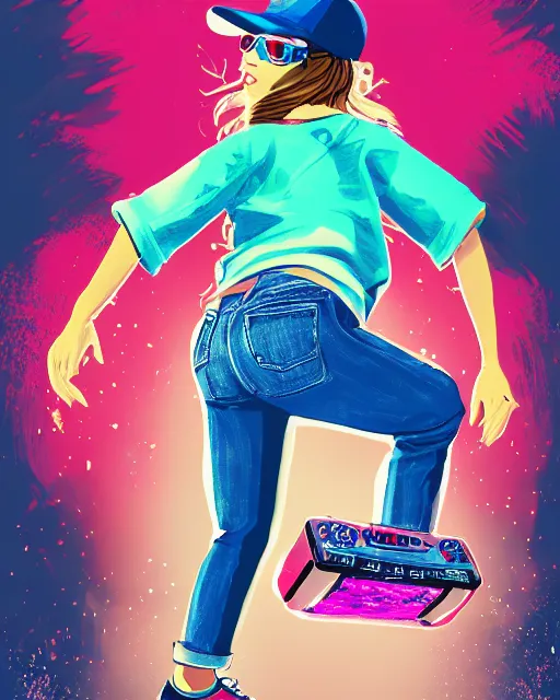 Prompt: a skater girl wearing a baseball cap holding a boombox in her right hand. paint splashes, outrun, vaporware, shaded flat illustration, digital art, trending on artstation, highly detailed, fine detail, intricate