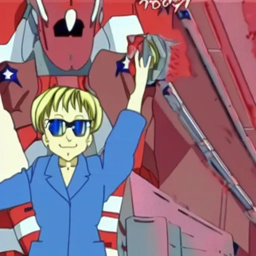 Prompt: screenshot of hillary clinton in neon genesis evangelion, anime