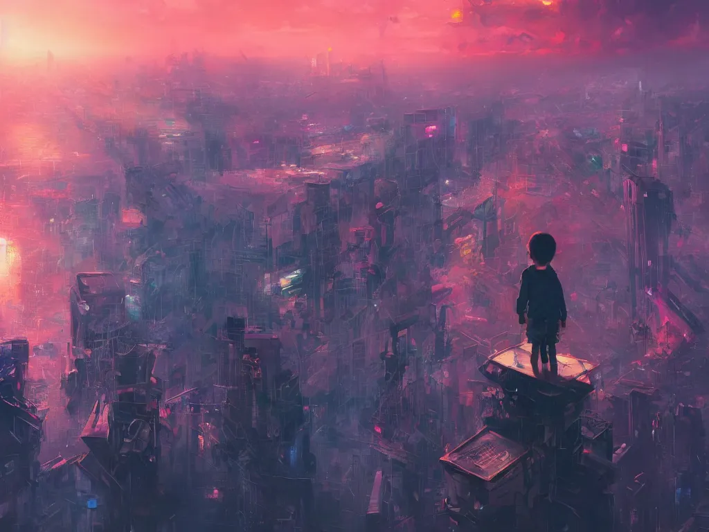 Image similar to a painting of a boy on top of a building watching a colorful sunrise futuristic city surrounded by clouds, cyberpunk art by yoshitaka amano and alena aenami, cg society contest winner, retrofuturism, matte painting, apocalypse landscape, cityscape