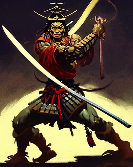 Image similar to samurai by frank frazetta, wielding a glowing magical katana, dynamic pose, eastern influences, fantasy, very detailed, dungeons & dragons, sharp focus, striking, artstation contest winner, detailed