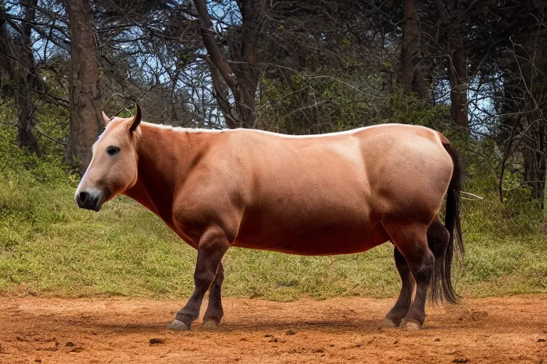 Image similar to a horse bull!!! hybrid! hyper realistic!! realistic lighting!! wildlife photographer of the year!!! bold natural colors, national geographic, hd, wide angle, 8 k