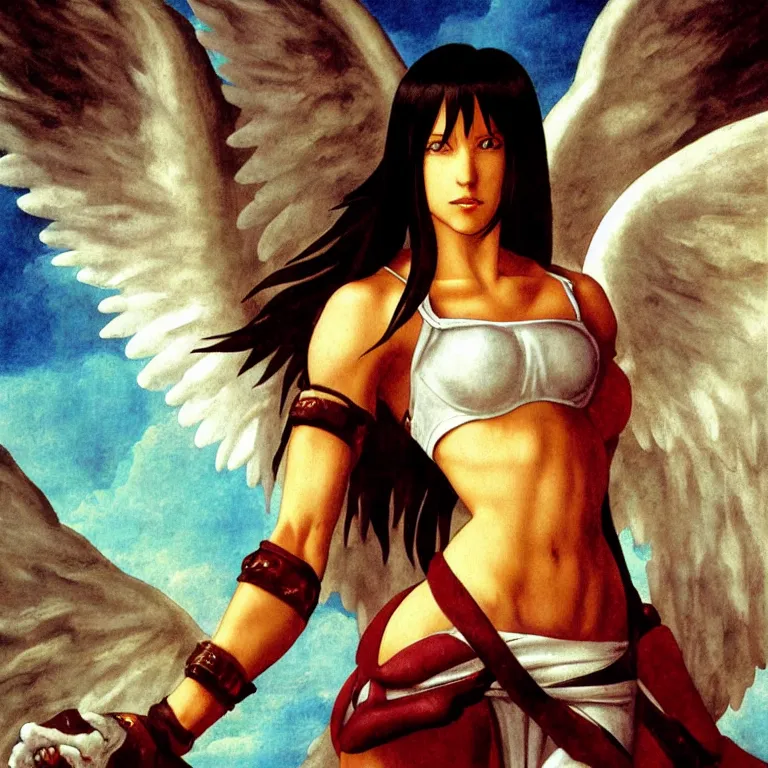 Image similar to Tifa Lockheart as an angel descending from heaven painted by Michelangelo