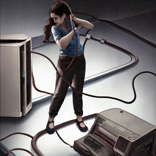 Image similar to illustration an it guy who is plugging a girl through cables to a computer and it cabinet. the girl looki like a mix of emma watson and scarlett johansson and nathalie portman, very details, by david rutkowski, by artgem