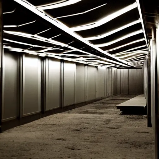 Image similar to noisy photograph of outside tiny homes in liminal underground, office ceiling panels, retrofuturism, brutalism, minimalist, cinematic, soft vintage glow