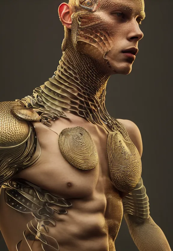 Prompt: ultra realist intricate detailed painting of a single attractive ( ( cyborg ) ) male, neon scales, model pose, art by vitaly bulgarov and nivanh chanthara, hyperrealistic, soft lighting, octane render