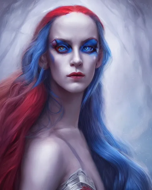 Image similar to A detailed matte oil on canvas head on symmetrical portrait of a distinguished elven woman with a blue eye and a red eye, and red and blue hair (((((makeup))))) by Charlie bowater and lise deharme wlop, trending on artstationhd, dungeons and dragons art critical role