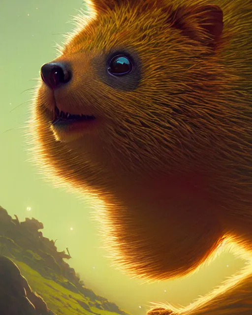 Image similar to highly detailed surreal vfx portrait of a joyful quokka, stephen bliss, unreal engine, greg rutkowski, loish, rhads, beeple, makoto shinkai and lois van baarle, ilya kuvshinov, rossdraws, tom bagshaw, alphonse mucha, global illumination, detailed and intricate environment