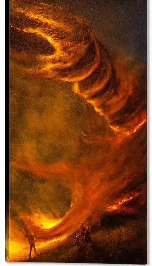 Image similar to painting of a fire tornado by peder krøyer, firenado, dramatic lighting, volumetric lighting, golden hour, epic, intricate detail, canvas print