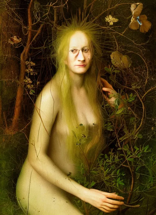 Image similar to portrait of a women who invented time in the forest that could not sleep, modern fine art, fractal, intricate, elegant, highly detailed, digital photography, subsurface scattering, by jheronimus bosch,