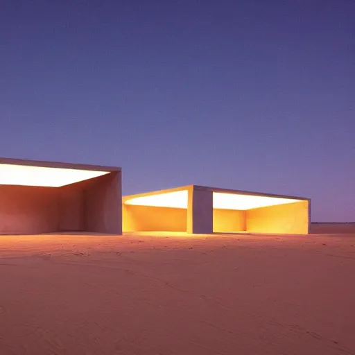 Image similar to concrete structure in the desert at night, neon lights, minimalist architecture, james turrel,