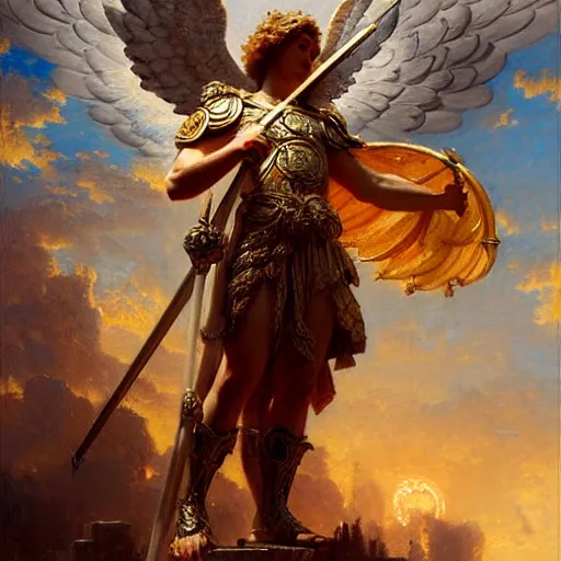 Image similar to saint michael the angel, guarding the world from evil. highly detailed painting by gaston bussiere, greg rutkowski 8 k